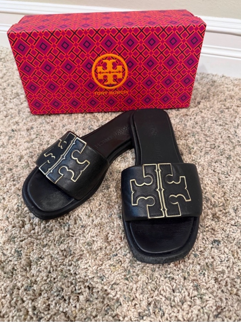 Tory Burch Black Leather Logo Slide Sandals with Gold Trim